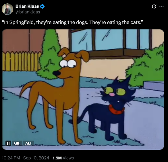 They're eating the dogs and cats meme. 