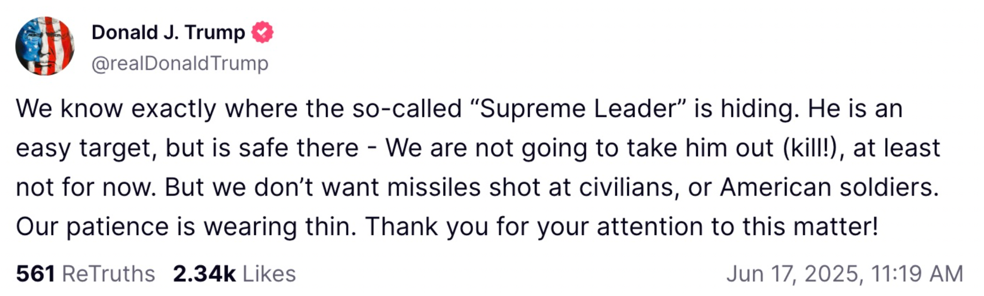 Trump Truth Social post. 