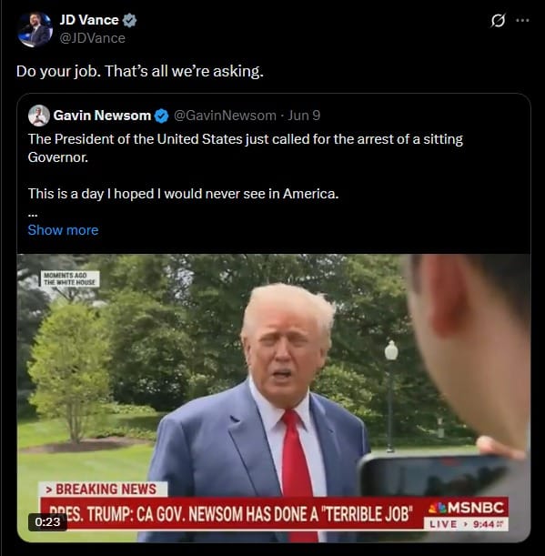 JD Vance tweet to Newsom.