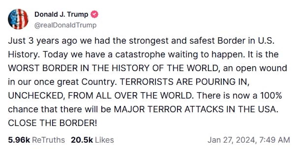 Donald Trump Truth Social Post condemning open borders in 2024.