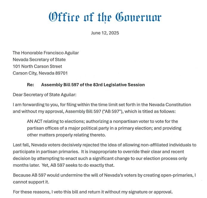 Letter from Nevada governor to secretary of state.